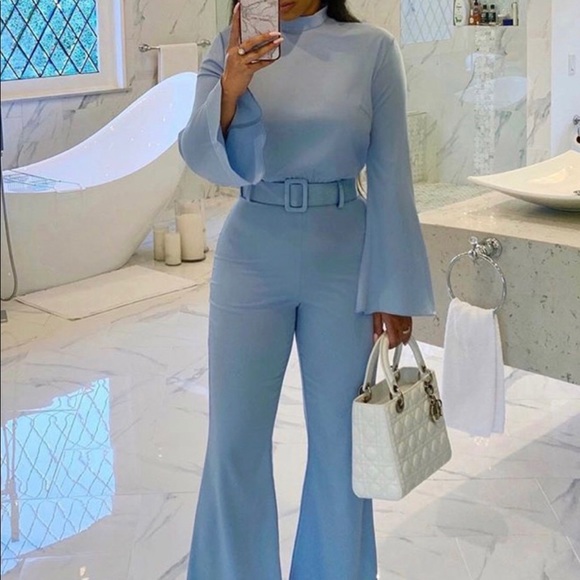 Pants - Powder Blue Belted Jumpsuit